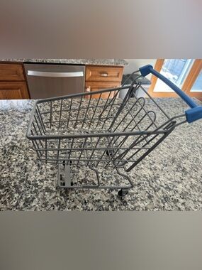 Miniature Wire Shopping Cart - Gray with Blue Handle Accent